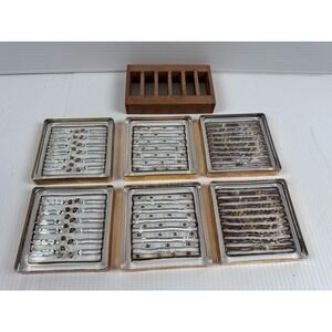 Vtg. Smyers Gold Accent Art Glass Coasters Set of 6 w/Wood Holder MCM Barware